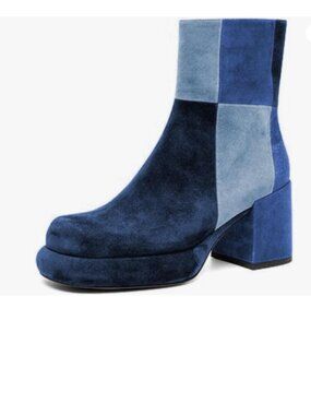 miss left Blue Multi Patchwork Chunky Heel Rounded Toe Mid Heels Ankle Booties